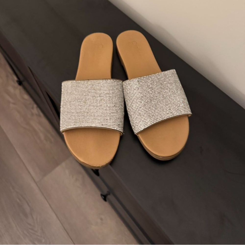 Tan and Silver Women's Slide Sandals